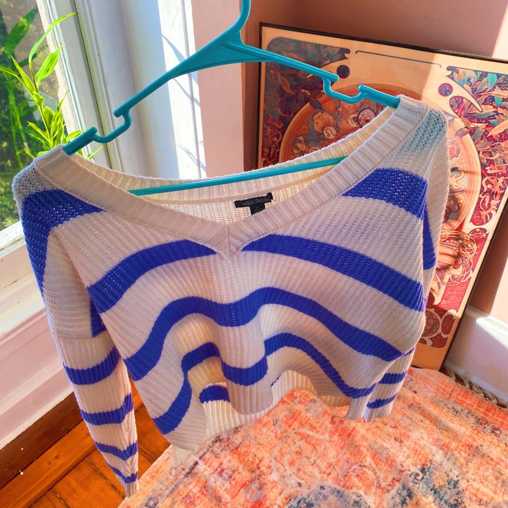 Periwinkle Blue Cozy Off The Shoulder V Neck Woven Knit Striped White Sweater - Picture 11 of 11